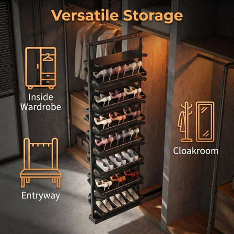 Smooth Glide Vertical Pull Out Shoe Rack For Closet And Cabinet, Sliding Under Stair Kick Locker, Tight Fit Hero For Daily Sneakers, Height Adjustable 15 Tier Telescopic System, Zero Fuss Setup in wardrobe with shoes displayed on shelves.