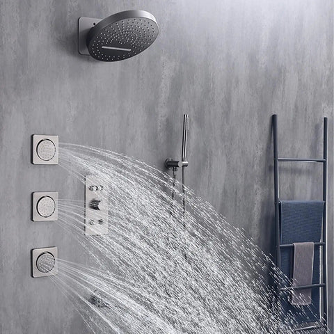 CUTPOIY Gray Shower System with Handheld Wall-Mounted Shower Faucet Set featuring a large rain shower head and water spray.