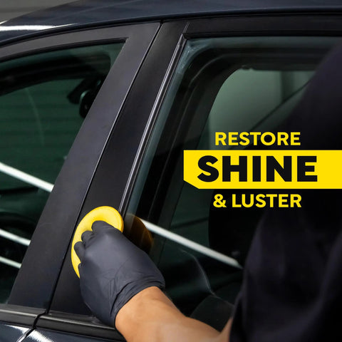 Hyper Dressing Dilutable Up To Four To One For High Gloss Or Satin Finish On Exterior And Interior Trim Plastic Rubber Vinyl Of Your Car One Gallon 128 Fl Oz Non Painted Surfaces Shine Like New Great For Plastic Trim Guards Bumpers Interior Panels And. car trim restoration with gloved hand applying dressing to black window frame