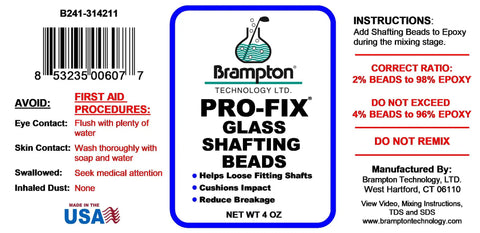 Label for Pro-Fix glass shafting beads detailing usage and safety instructions for golf club shaft installation.