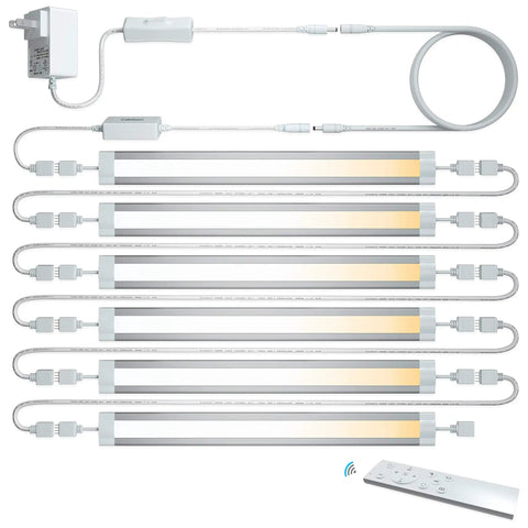 LED Under Cabinet Lighting Kit With Remote Control Dimmable And Color Temperature Adjustable From 2700K To 6500K Easy Install No Fuss For Kitchen Cabinets Pantry Shelves Workbench Hallway Six Bar Kit showing components including light bars and remote
