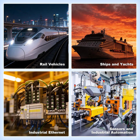 Collage of rail vehicles, ships, industrial Ethernet equipment, and automation machinery
