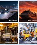 Collage of rail vehicle, ship, industrial ethernet setup, and industrial automation machinery