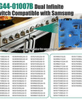 DG44-01007B Dual Infinite Switch for Samsung range stoves, fits various models, shown with appliance and part list.