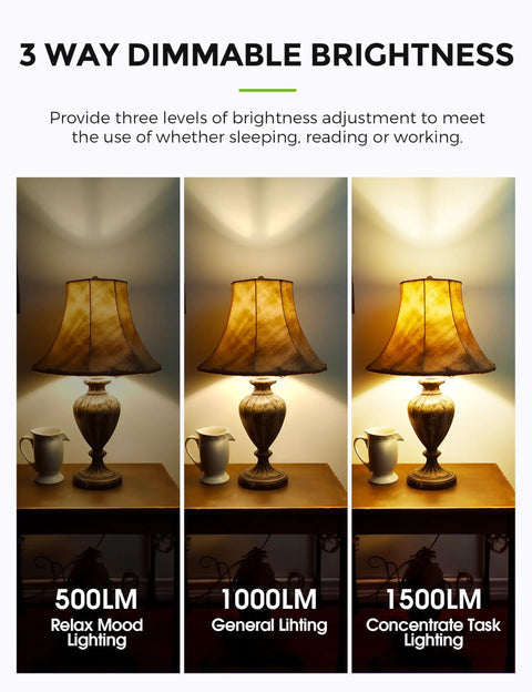 3 Way LED Bulbs 50, 100, 150W Equivalent, Dimmable A19 E26 Base in lamp showing soft white 3000K lighting at three brightness levels