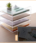 Clear Acrylic 4 Tier Stackable Desk Organizer Trays For A4 And Letter Papers Files Folders And Office Supplies Modular Desktop Storage Shelf For Home And Office Organization Keeps Your Desk Setup On Point showing organized trays on desk