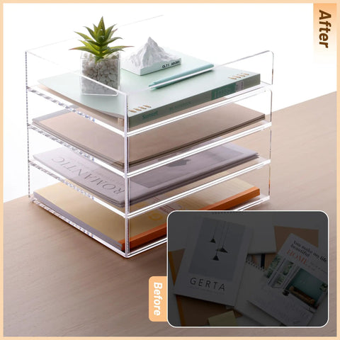 Clear Acrylic 4 Tier Stackable Desk Organizer Trays For A4 And Letter Papers Files Folders And Office Supplies Modular Desktop Storage Shelf For Home And Office Organization Keeps Your Desk Setup On Point showing organized trays on desk