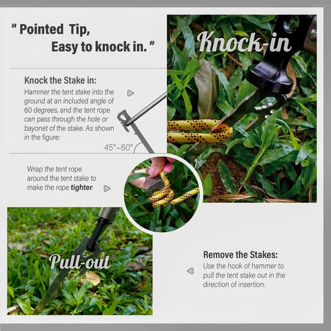 Instructions on using Six Pack 11 Inch Stainless Steel Tent Stakes For Camping Gear Heavy Duty Ground Anchors