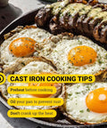 Round Cast Iron Griddle Pan 10.5 Inch Pre Seasoned Non Toxic PFAS Free Cookware with eggs and steak cooking