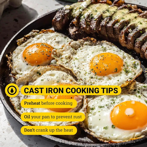 Round Cast Iron Griddle Pan 10.5 Inch Pre Seasoned Non Toxic PFAS Free Cookware with eggs and steak cooking