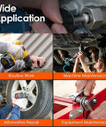 Collage showing various uses of the 35 Piece Bolt Extractor Set With 1/4 And 3/8 Inch Drives For Damaged Rusted Stripped And Rounded Off Bolts And Nuts Easy Grip Nut Remover Socket Kit For Real World Tough Jobs Includes Adapters And Hex Heads in routine work, machine maintenance, automotive repair, and equipment maintenance.