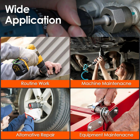 Collage showing various uses of the 35 Piece Bolt Extractor Set With 1/4 And 3/8 Inch Drives For Damaged Rusted Stripped And Rounded Off Bolts And Nuts Easy Grip Nut Remover Socket Kit For Real World Tough Jobs Includes Adapters And Hex Heads in routine work, machine maintenance, automotive repair, and equipment maintenance.
