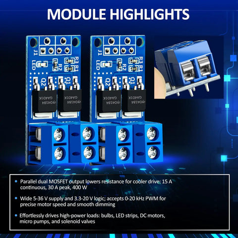 Dual High Power MOSFET Trigger Switch Drive Module For DC Motors And Lighting with blue circuit board and connectors