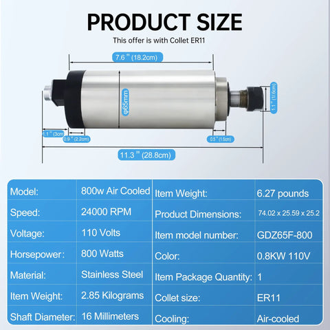 Beefed Up 800W Air Cooled CNC Spindle Motor 110V 24000 RPM 65mm ER11 Collet with size specifications and details displayed
