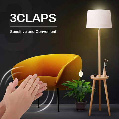 Three Clap Sound Activated Light Bulb for Bedroom Lamp, hands clapping to activate soft white light, cozy living room setting