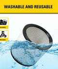 Replacement Vacuum Filter For 5-18 Gallon Wet Dry Shop Vac Easy Install Fits Stanley Models SL18115 SL18116 SL18191P SL18199P SL18117 SL18701P-10A SL18410P-5A 08-2501, filter submerged in water showing washability.