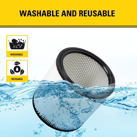 Replacement Vacuum Filter For 5-18 Gallon Wet Dry Shop Vac Easy Install Fits Stanley Models SL18115 SL18116 SL18191P SL18199P SL18117 SL18701P-10A SL18410P-5A 08-2501, filter submerged in water showing washability.