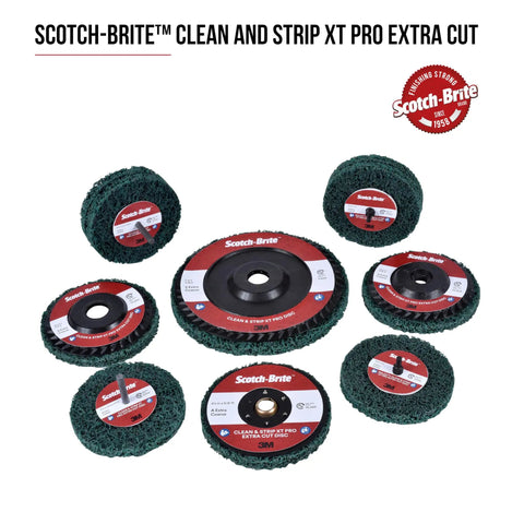 Image showing multiple sizes of Scotch-Brite XT Pro Extra Cut discs for heavy duty metal stripping, featuring green Type 27 design.