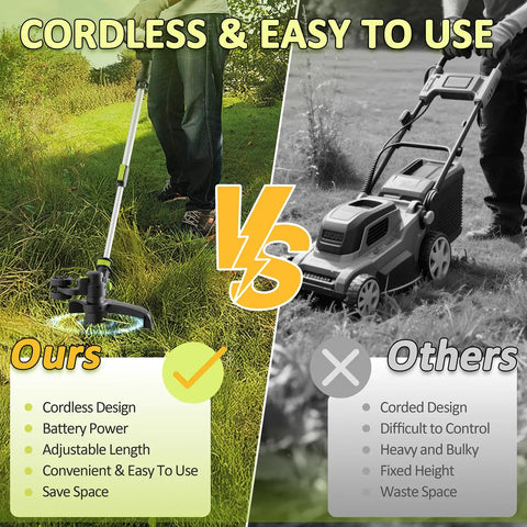 Cordless weed eater trimmer vs corded mower, showcasing 20V cordless weed eater trimmer with 12-inch cutting width in action