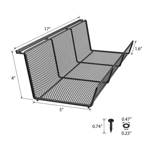 Two Pack 17 Inch Under Desk Cable Tray Mesh Metal Cord Organizer for Standing Desk and Office in black with dimensions shown.
