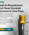 Matchfit Dovetail Router Bit 14 Degree Cutter, 1/2 Inch Diameter, 1/4 Inch Shank, yellow tip, showing built-in roundovers for clean grooves