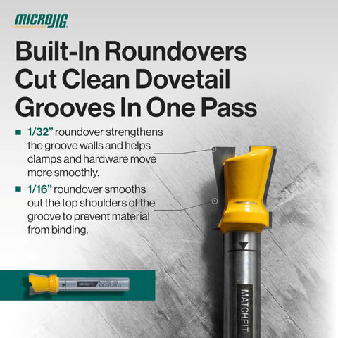 Matchfit Dovetail Router Bit 14 Degree Cutter, 1/2 Inch Diameter, 1/4 Inch Shank, yellow tip, showing built-in roundovers for clean grooves
