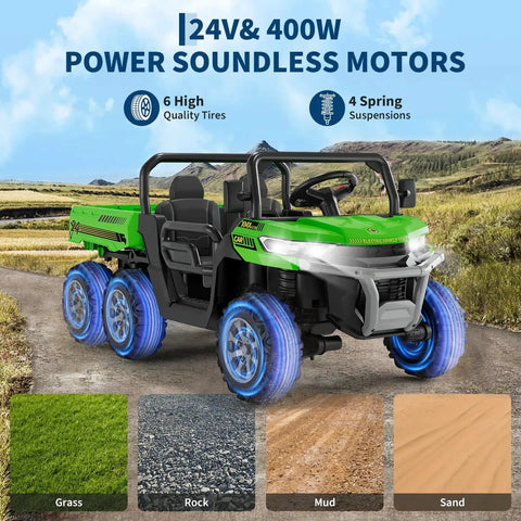 24V Dual Motor 2 Seater Ride On Dump Truck For Big Kids with glowing wheels on various terrains