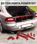 10 Ton Porta Power Hydraulic Kit With Ram Pump And 4.6 Ft Hose for auto body frame repair shown in car trunk with tools.