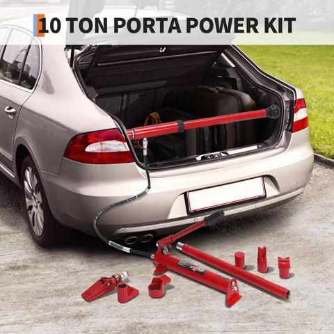 10 Ton Porta Power Hydraulic Kit With Ram Pump And 4.6 Ft Hose for auto body frame repair shown in car trunk with tools.