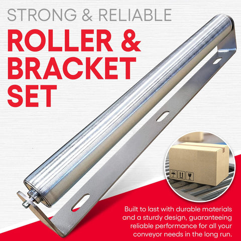 Galvanized steel roller bracket set for conveyor system; 21in length, 1.9in diameter, 250lb capacity by Ultimation