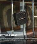 Willen II Portable Bluetooth Speaker With Rugged Waterproof And Dust Proof Design mounted on metal grid with rubber strap.