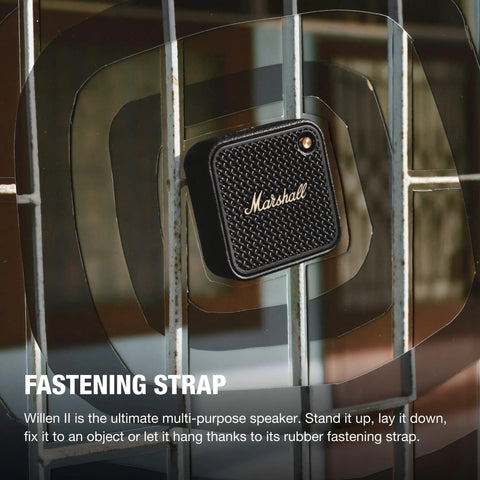 Willen II Portable Bluetooth Speaker With Rugged Waterproof And Dust Proof Design mounted on metal grid with rubber strap.