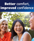 Three women smiling outdoors, text overlay 'Better comfort, improved confidence.' Ultra Max Hold Denture Adhesive That Delivers All Day Hold With One A Day Application Keeps Food From Getting Between Dentures And Gums Reduces Gum Soreness And Provides A Comfortable, Secure Fit So You Can Rock A Confident Smile All Day.