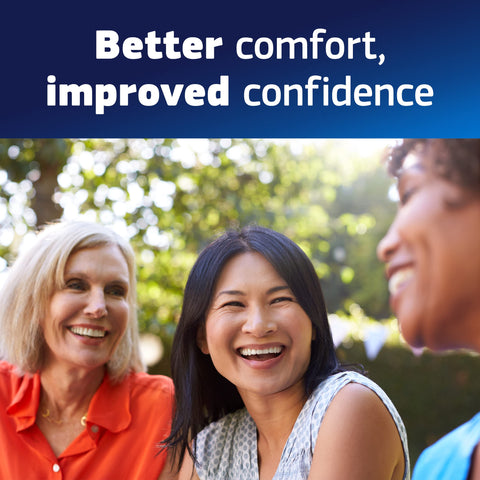 Three women smiling outdoors under text 'Better comfort, improved confidence', showcasing Ultra Max Hold Denture Adhesive Two Point Two Ounce Size All Day Strong Seal That Keeps Food From Getting Between Dentures And Gums And Helps Prevent Soreness For A Comfortable Confident Smile.