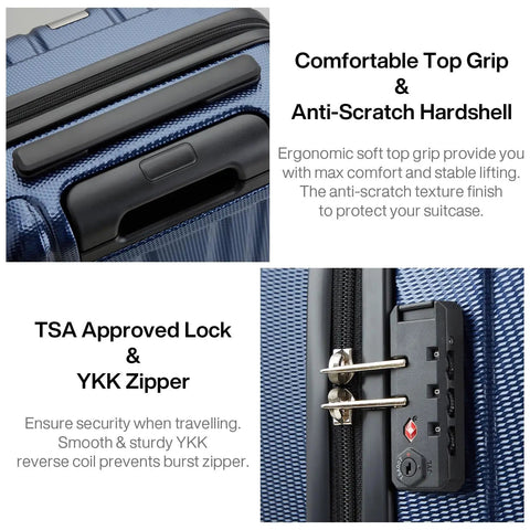 Close-up of dark blue 14 Inch Underseat Carry On Luggage With Wheels Hard Shell Carry On Suitcase showing top grip and TSA lock.