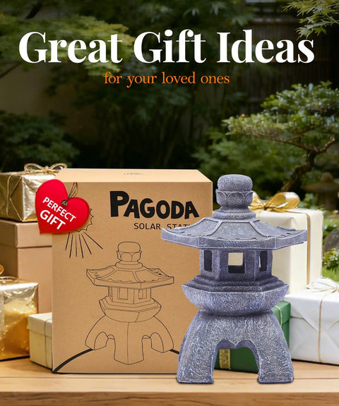 Solar Pagoda Lantern Garden Statue For Indoor Outdoor Use Zen Vibes Asian Decor For Landscape Balcony Patio Porch Yard Polyresin With Stone Finish Yard Art Ornament next to gift box.