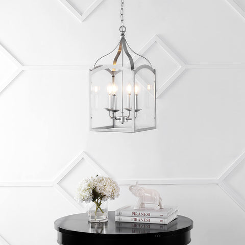 Silver 11 Inch Four Light Traditional Lantern Pendant With Metal Frame And Clear Glass Shade Classic Chandelier For Foyer Or Kitchen Island Energy Saving LED Bulbs Included hanging in room