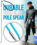 Travel Ready Fiberglass Pole Spear For Spearfishing With 3 Prong Paralyzer Tips, 72 Inch Harpoon displayed with diver onshore