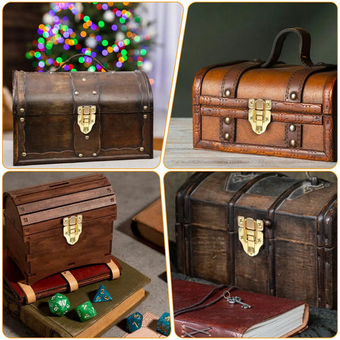 Four wooden chests with Two Pack Retro Gold Duckbilled Hasp Latch Set With Padlock Hole And Four Hinges Plus Twenty Four Mounting Screws Kit