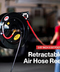 Heavy Duty 3/8 Inch x 50 Ft Air Hose Reel With Industrial Steel Construction, black reel on wall, red hose, blurred background