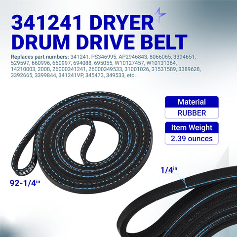 Must Have Dryer Drum Belt And Pulley Kit For Kenmore Whirlpool Dryers with 341241 Belt, close-up of coiled rubber belt.