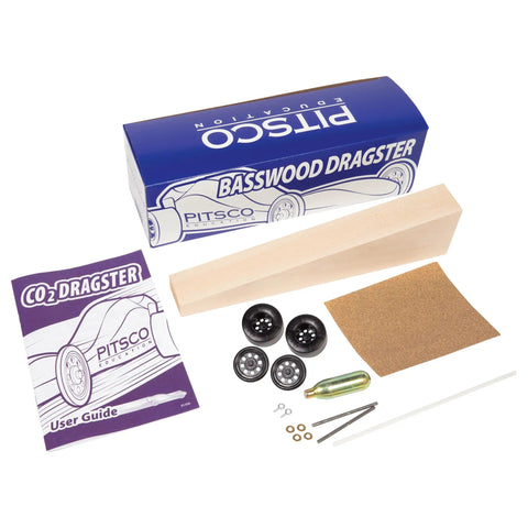 Basswood CO2 Dragster Kit for STEM Education, Single Set with components including body blank, wheels, axles, and guide.