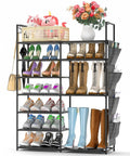 7 Tier Metal Shoe Rack Organizer With Side Pockets And Hooks For Entryway Closet Bedroom And Garage, showing shoes and storage.