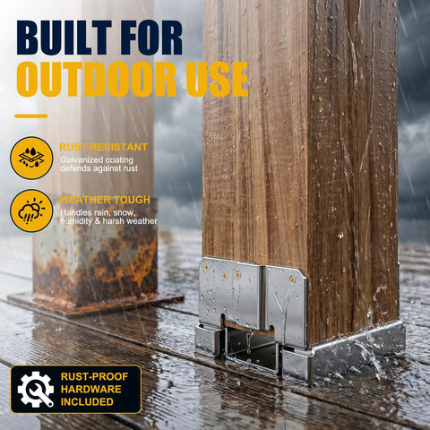 Heavy Duty 4x4 Post Base for Concrete Foundations, Galvanized Steel Outdoor Bracket Set of 6 for Nominal 4x4 Wood Posts Actual 3.5 by 3.5 Inches, Perfect for Decks Pergolas Fences Gazebos and Railings, shown on wet deck post