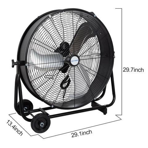 Industrial Drum Fan 8100 CFM High Velocity, Heavy Duty Tilt-Head Metal Shop Fan, black metal construction with wheels and handle