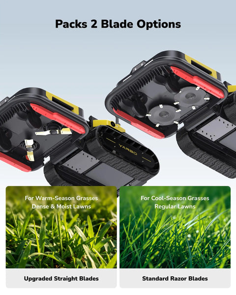 Robot Lawn Mower Pro With Modular Design For Large Yards Up To 6 Acres, showing two blade options for warm and cool season grasses.
