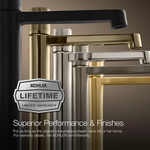 Close-up of various modern bathroom sink faucets in black, gold, and chrome finishes with Kohler warranty badge visible