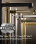 Set of bathroom sink faucets in black, silver, and gold with focus on July Go-To Single-Handle Bathroom Sink Faucet With Metal Pop-Up Drain.