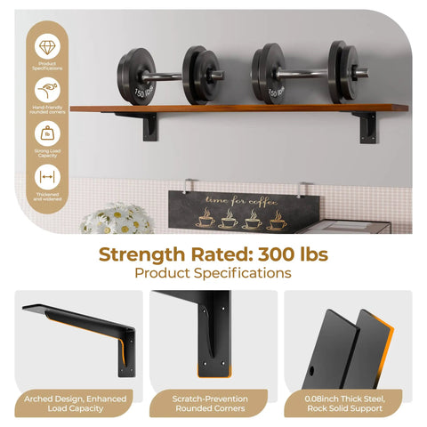 Beefy Heavy Duty L Shelf Brackets 6 Pack Matte Black 20 By 5.6 Inch with 300 lbs support, wall-mounted holding weights