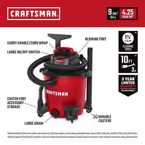 Front view of 9 Gallon 4.25 Peak HP Wet Dry Shop Vacuum Portable Cleanup Machine for Home Garage and Auto, red with hose attached.